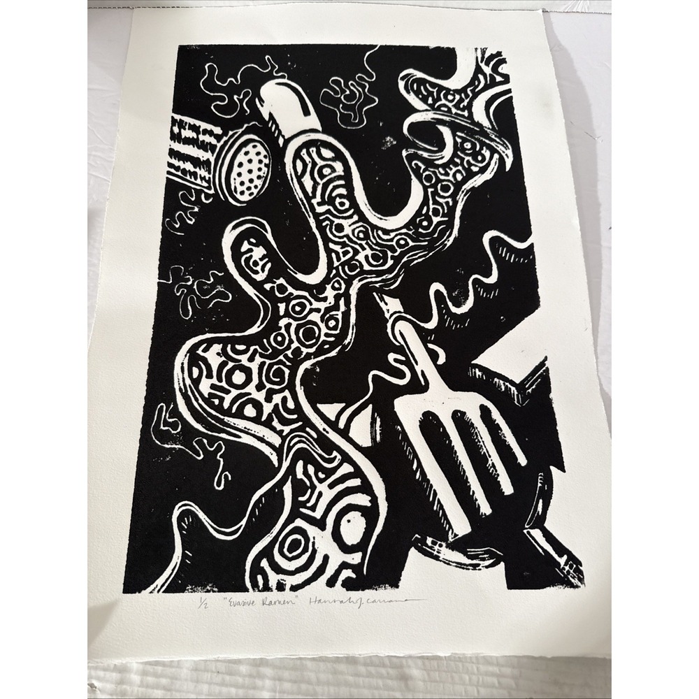 "Evasive Ramen" Black and‎ White Linocut Wall Art Print Numbered Titled & Signed
